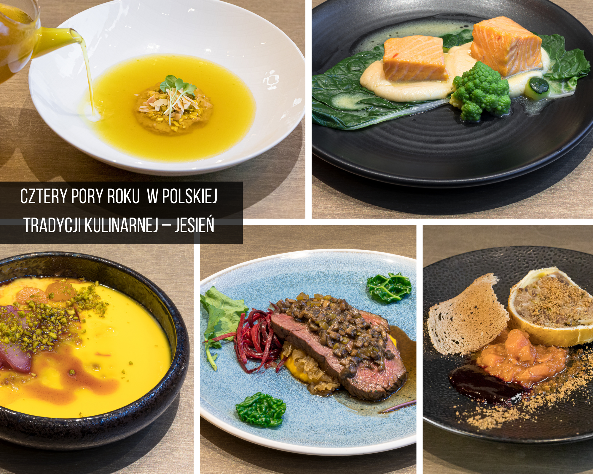 Kolorowa kompozycja składająca się z pięciu różnych zdjęć. Na zdjęciach kolorowe potrawy.