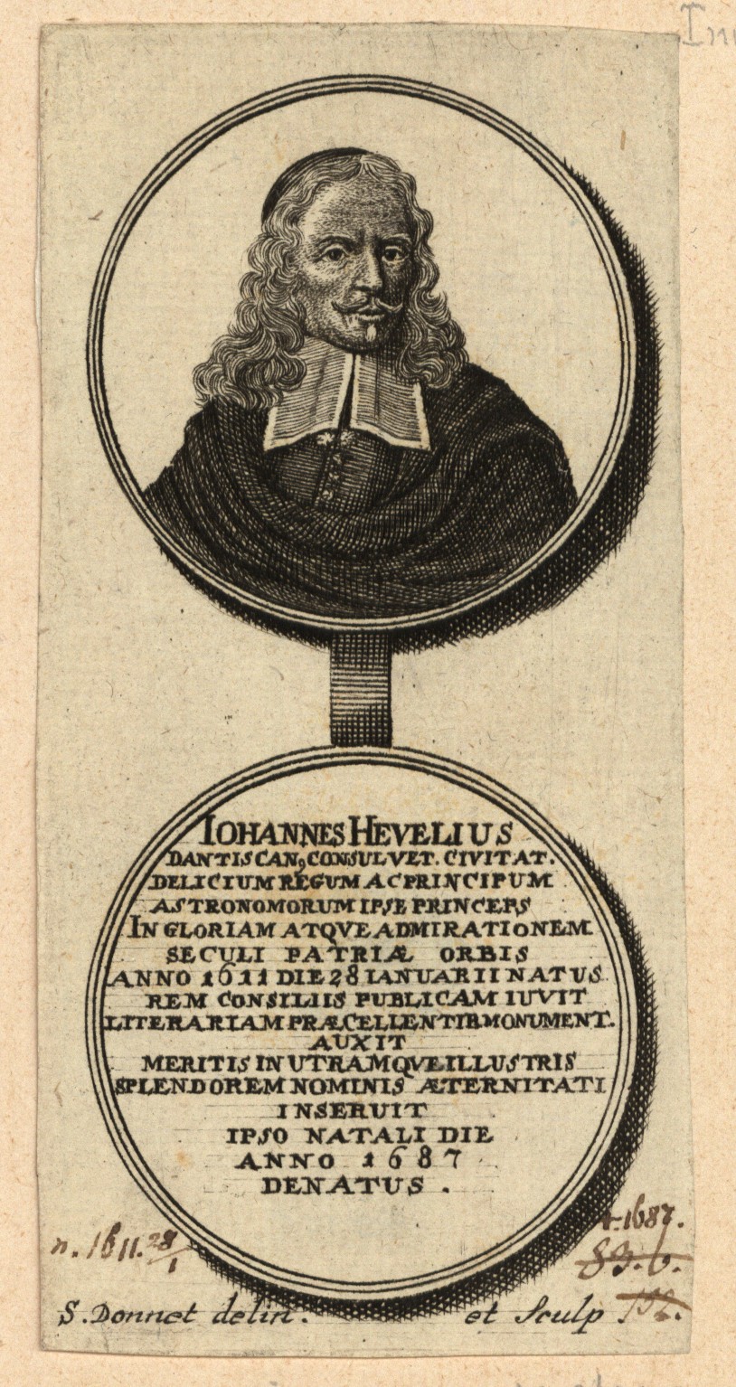 Grafika przedstawia dwa koła połączone ze sobą. Na pierwszym z nich ukazany jest portret mężczyzny w ciemnym ubraniu z długimi włosami i białym kołnierzem. Poniżej w kole napisy po łacinie.