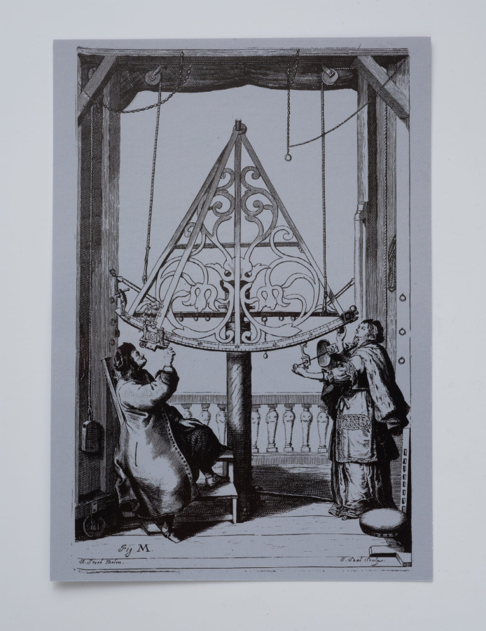 Kartka pocztowa z przedstawieniem Jana Heweliusza w trakcie prowadzenia obserwacji nieba wraz z drugą żoną - Elżbietą.