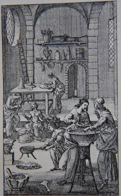 Grafika przedstawia wnętrze kuchni na pierwszym planie dwie kobiety przy stojaku na którym umieszczony jest duże garnek. We wnętrzu jedna z nich smażona w realu coś tam wyżej stół i kobieta wałkuje ciasta na ścianie w której znajdują się drzwi wejściowe są półki Ale ich ustawione różne przedmioty. 