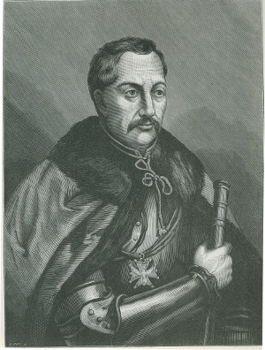 Grafika przedstawia portret mężczyzny w średnim wieku. Ubrany w zbroję i płaszcz z futrzanym kołnierzem. Patrzy w bok. Jest to Atanazy Miączyński. 