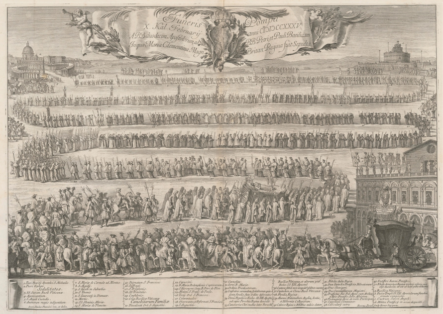 Grafika. Przedstawia uroczystości pogrzebowe Marii Klementyny Sobieskiej. Rycina pokazuje kondukt pogrzebowy, który wychodzi z kościoła po prawej stronie i pnie się do góry do bazyliki św. Piotra, której zarys widać po lewej stronie u góry. 