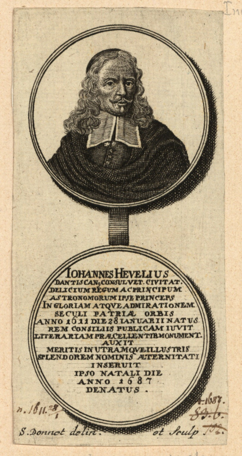 Grafika przedstawia dwa koła połączone ze sobą. Na pierwszym z nich ukazany jest portret mężczyzny w ciemnym ubraniu z długimi włosami i białym kołnierzem. Poniżej w kole napisy po łacinie.