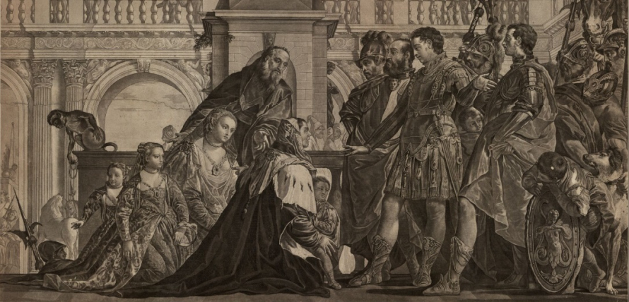 Rycina lub rysunek. Grupa figuralna na tle architektury. Po lewej stronie kobiety ubrane w bogate szaty, klęczą przed stojącymi po prawej stronie mężczyznami ubranymi w zbroje. Jest to Rodzina Dariusza przed Aleksandrem Wielkim.