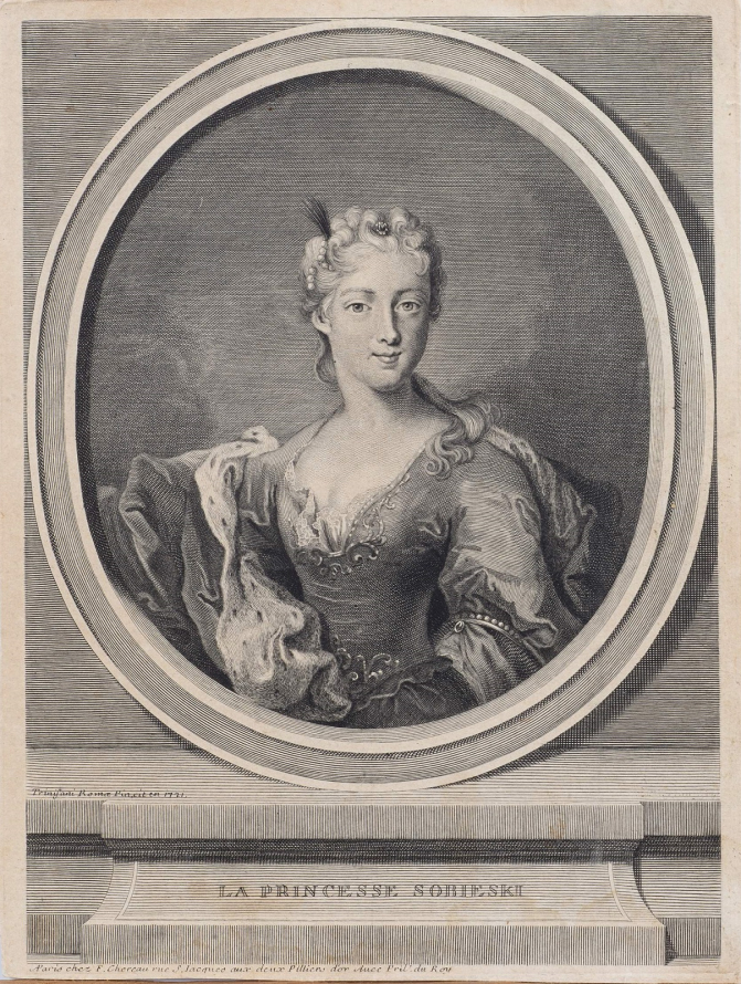 Grafika przedstawia portret młodej kobiety. Ubrana jest w zdobioną suknię z dużym dekoltem.  Ma duże oczy, pociągłą twarz i włosy misternie upięte do tyłu. Jest to Portret Marii Klementyny Sobieskiej.