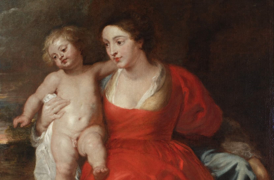 Madonna z Dzieciątkiem. Maryja ubrana jest w czerwoną szatę, prawą ręką podtrzymuje nagie Dzieciątko.