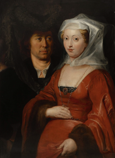 Obraz olejny. Para - mężczyzna i kobieta w historycznych strojach. Kobieta kieruje wzrok na widza. Jej głowę przykrywa welon. Ubrana jest w czerwoną suknię. 