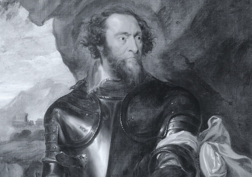 Portret mężczyzny z brodą w zbroi spoglądającego w prawą stronę.